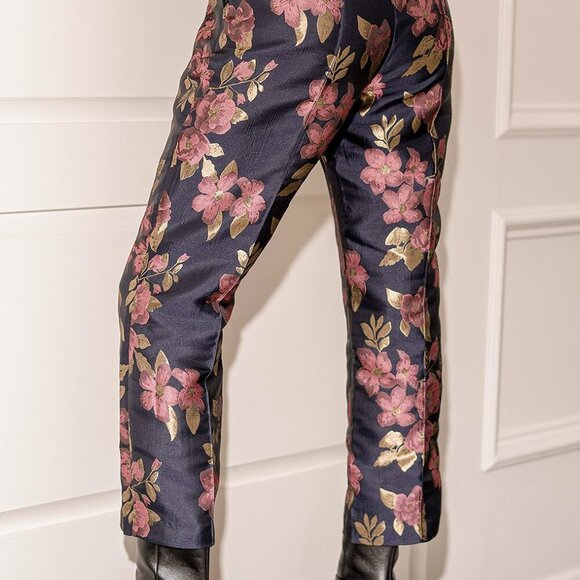 NWT Lulus Bloom Boldly Navy Blue Floral Satin Jacquard Trouser Pants - Picture 4 of 11